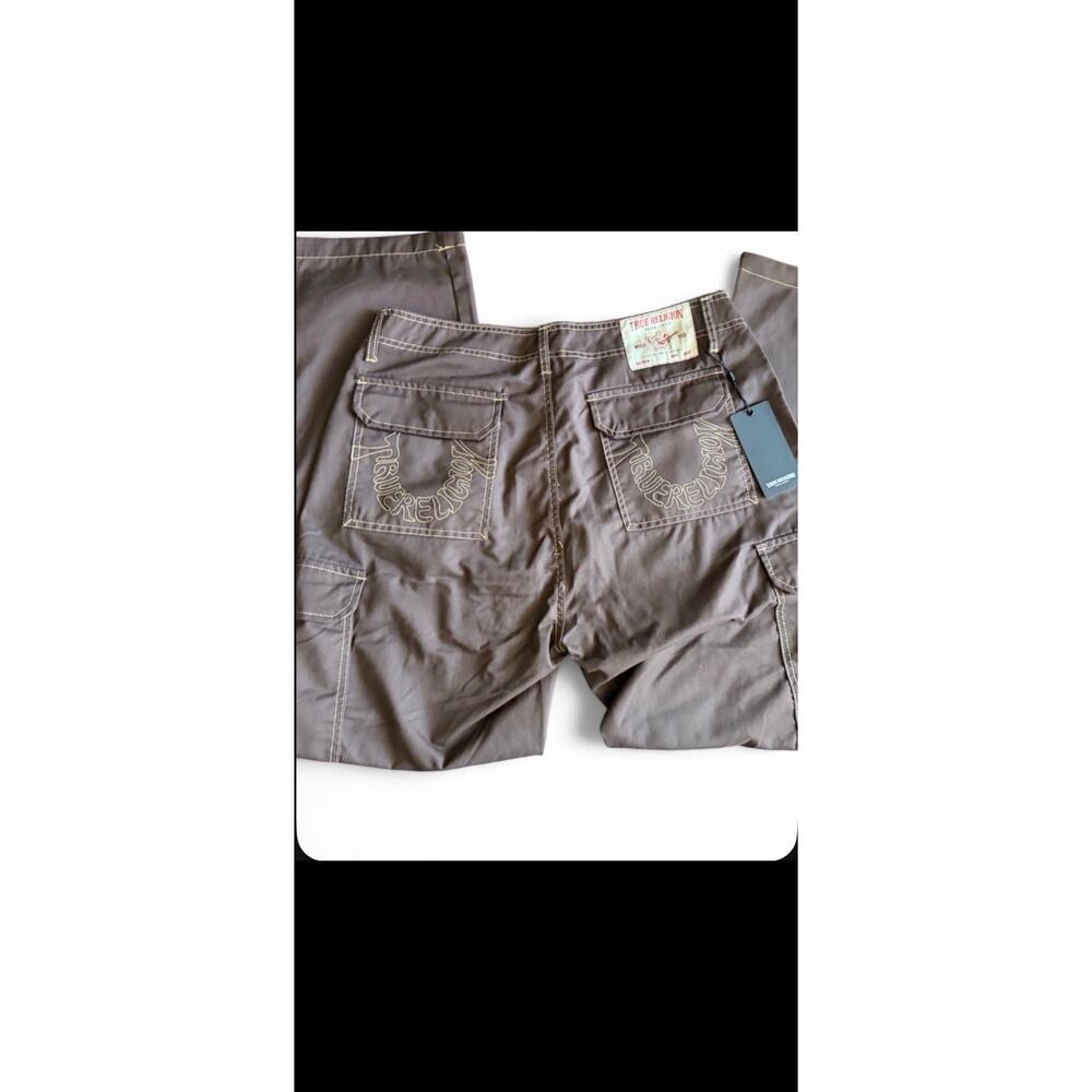True Religion Men’s Brown Twill Cargo Pants Straight Leg Flat Front Logo Sz 34